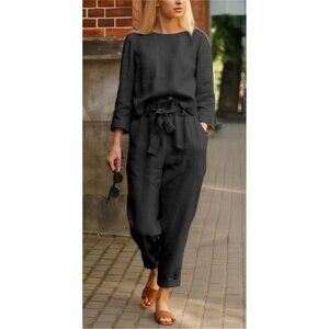 NWT Monochrome Co-Ord Cotton Linen Blend Black Shirt Pants Set Women's Medium